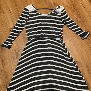 Gray and white striped 3/4 sleeve dress